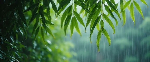 Obraz premium Lush green willow tree leaves hanging down during a gentle rainfall in a peaceful natural setting