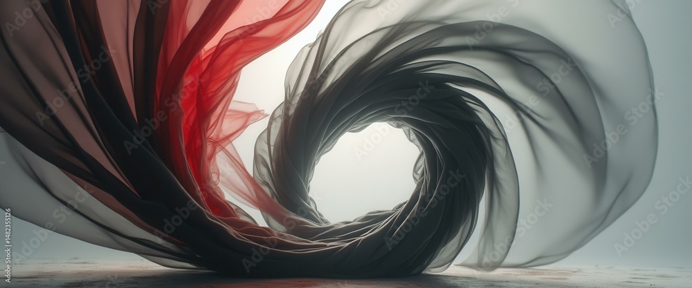 Poster Abstract swirls of translucent red and gray fabric forming a vortex, creating a sense of movement and depth, set against a bright