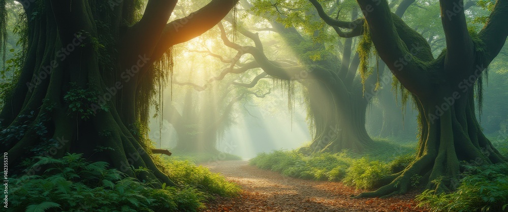Aufkleber enchanted pathway winds through a tranquil forest illuminated by sunbeams, ancient trees draped with