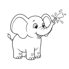 Fototapeta premium Adorable Cartoon Baby Elephant Spraying Water Trunk Up Cheerful Playful Animal Illustration Perfect for Children's Books and Cute Designs