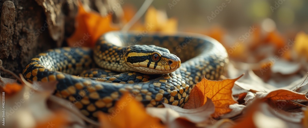 Aufkleber coiled snake with striking pattern rests among autumn leaves in golden sunlight, captivating reptili