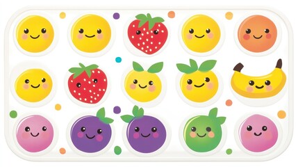 Cute fruit characters arranged in a grid pattern