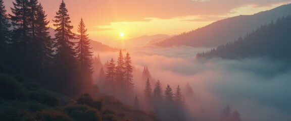 Obraz premium Mountain landscape with pine trees at misty sunset in orange and blue pastel tones