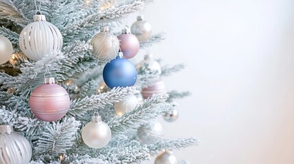Close-Up, Frost-Kissed Christmas Tree with Elegant Silver, Pink, and Blue Ornaments, Copy Space