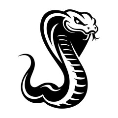 old black and white illustration of a coiled cobra with hood flared and fangs bared, captured in a dynamic, aggressive pose. The stylized tribal design emphasizes motion and menace.