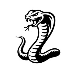 old black and white illustration of a coiled cobra with hood flared and fangs bared, captured in a dynamic, aggressive pose. The stylized tribal design emphasizes motion and menace.