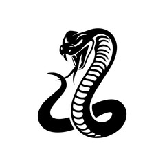 old black and white illustration of a coiled cobra with hood flared and fangs bared, captured in a dynamic, aggressive pose. The stylized tribal design emphasizes motion and menace.
