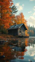 Obraz premium Lakeside Cabin Retreat with Autumnal Foliage and Reflections in Tranquil Waters
