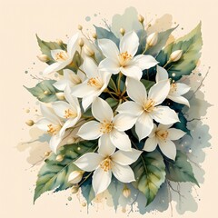 a charming watercolor vignette of jasmine, in an intimate watercolor style, with creamy white hues
