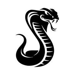 old black and white illustration of a coiled cobra with hood flared and fangs bared, captured in a dynamic, aggressive pose. The stylized tribal design emphasizes motion and menace.