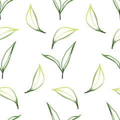 Seamless pattern with hand drawn watercolor green tea leaves