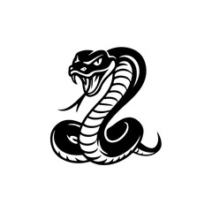 old black and white illustration of a coiled cobra with hood flared and fangs bared, captured in a dynamic, aggressive pose. The stylized tribal design emphasizes motion and menace.
