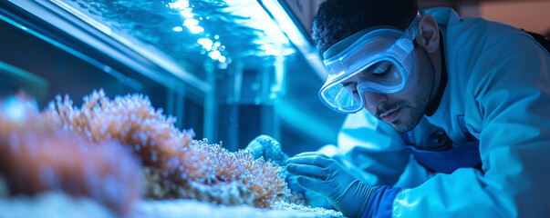 Worker in waterproof gear performs repairs on a fish tank while ensuring the health of aquatic life and maintaining optimal conditions