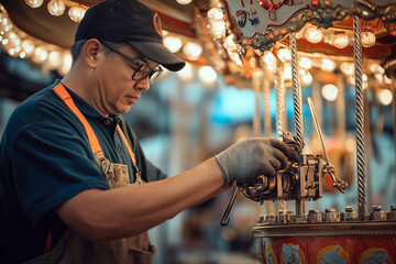 Technician inspects carousel mechanisms at amusement park during maintenance check