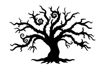 Twisted Fantasy Tree Silhouette with Glowing Runes, Enchanted Tree with Glowing Runes, On Transparent Background