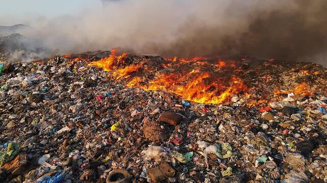 Closeup of burning landfill with fire spreading and smoke rising