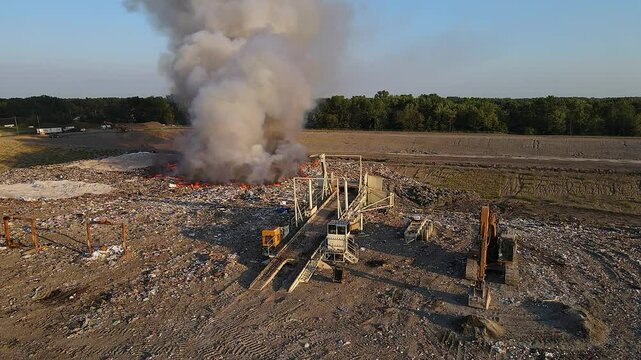 Smoke rises from burning landfill in Woodland Meadows Landfill in Romulus, MI, USA