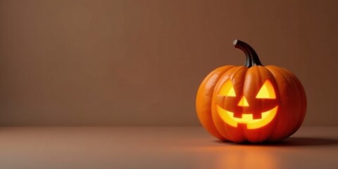 A Glowing Jack-o'-lantern on a Simple Brown Background, Evoking the Spirit of Autumn and Halloween Festivities