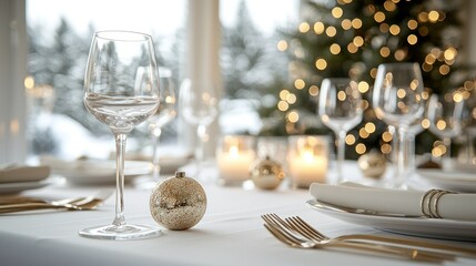 Fototapeta premium Festive table with ornament, glasses, and golden cutlery