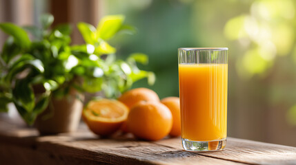 Fototapeta premium Freshly squeezed orange juice in a glass on a wooden table. Health care in a modern kitchen in the morning.
