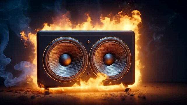 Powerful audio background emerging fire speaker volume from flames, representing sonic intensity and musical fervor smoky video 4k