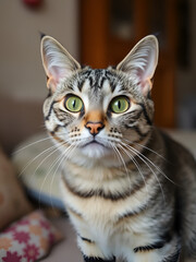 Fototapeta premium Pets in the home are curious gray tabby cat willingly poses for the camera