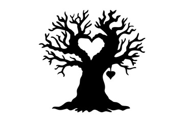 Tree with Heart Carved Trunk Silhouette, Heart-Shaped Carving in Tree Trunk, Love Tree Design, On Transparent Background