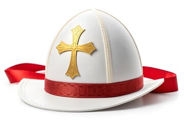 Photo-Realistic White Egg-Shaped Hat with Golden Cross and Red Ribbon on White Background