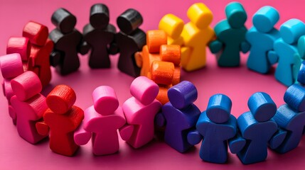 Colorful Toy Figures Grouped in a Circle on a Bright Pink Background Displaying Unity and Diversity