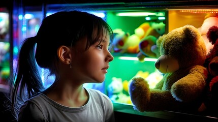 Young Girl Gazing at Colorful Display of Stuffed Animals in a Vibrant Toy Store