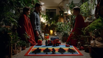 Cozy Indoor Scene with Family Gathering Among Plants and Colorful Toys on a Rug