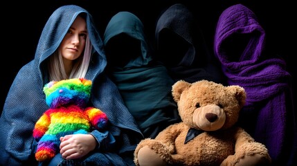 Mysterious Figures in Hoods with Colorful and Classic Teddy Bears in Dark Setting
