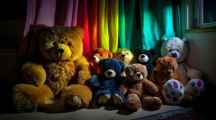 Colorful Collection of Plush Teddy Bears with Rainbow Background in Playful Environment