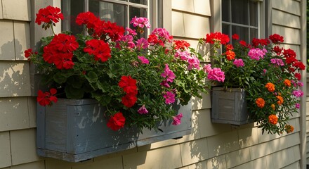 Colorful flowers in window boxes