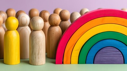 Colorful wooden rainbow and diverse round figures on pastel background for creative illustrations