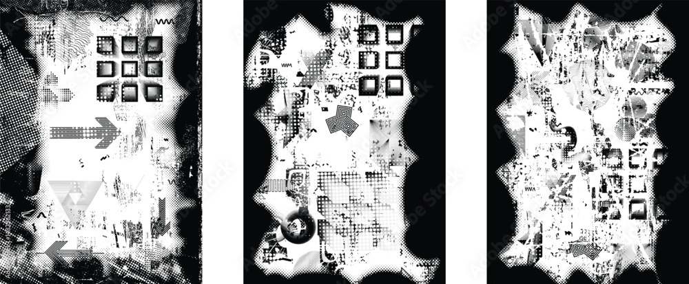 Poster Glitch distorted geometric shape . Noise destroyed logo . Trendy defect error shapes . Glitched frame .Grunge textured . Distressed effect .Vector shapes with a halftone dots screen print texture.