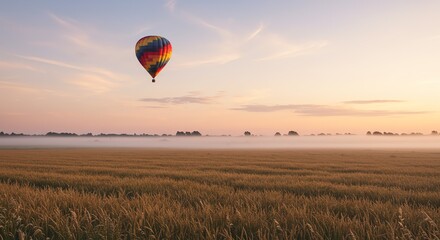Obraz premium Hot air balloon over landscape at sunrise