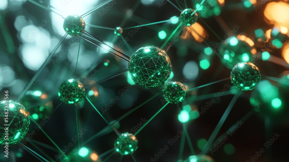 Sticker molecular structure model featuring green translucent spheres connected by glowing lines on a soft b