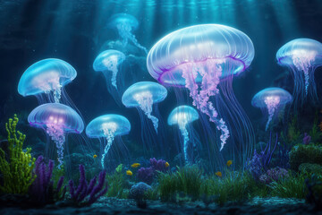 Fototapeta premium Bioluminescent jellyfish emit an enchanting glow as they drift through the ocean. Their graceful movement and radiant light create an ethereal underwater spectacle.