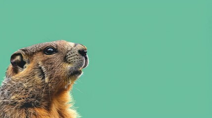 Close-up of a Curious Marmot, Wildlife Photography, Nature Portrait, Animal Face, Macro Animal, Cute Marmot Expression, Green Background, Copy Space