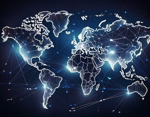 Fototapeta premium Leuchtende Weltkarte mit weißen Vernetzungslinien auf dunklem Hintergrund