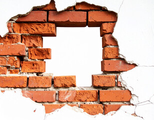 Obraz premium Un muro viejo roto de ladrillo rojo y cemento sobre una pared blanca con un agujero en el centro aislado sobre fondo blanco