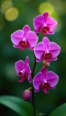 Naklejka premium Five vibrant pink orchid flowers on a graceful branch , branch, soft, stem