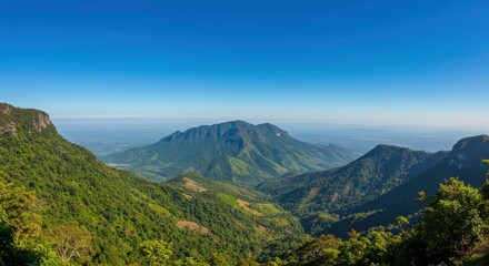 Panoramic view of lush green mountains under a clear blue sky