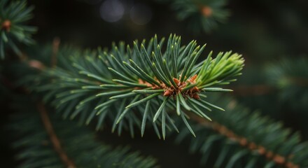 Close-up of Evergreen Pine Branch with Lush Green Needles Against Dark Background