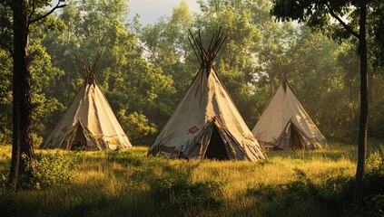 Three traditional tipis nestled in a sun-drenched meadow, surrounded by a tranquil forest.  Sunlight filters through the trees, illuminating the beige canvas dwellings