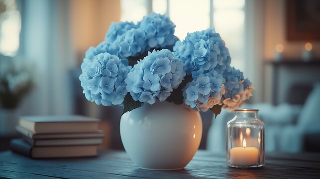 Blue Hydrangea & Candlelight Still Life - Cozy Interior Scene for Vacation Rental Marketing, Home Magazine Layouts, and Lifestyle Branding
