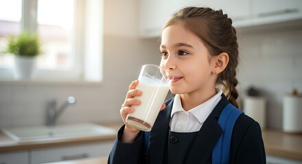 Enchanting young student enjoying a revitalizing glass of milk before school