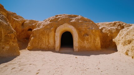 Ancient Stone Structure Entrance in Desert Beige Archway, Sandy