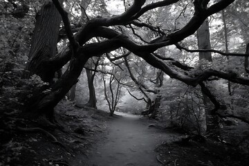 Forest path in dark monochrome with twisted tree  

